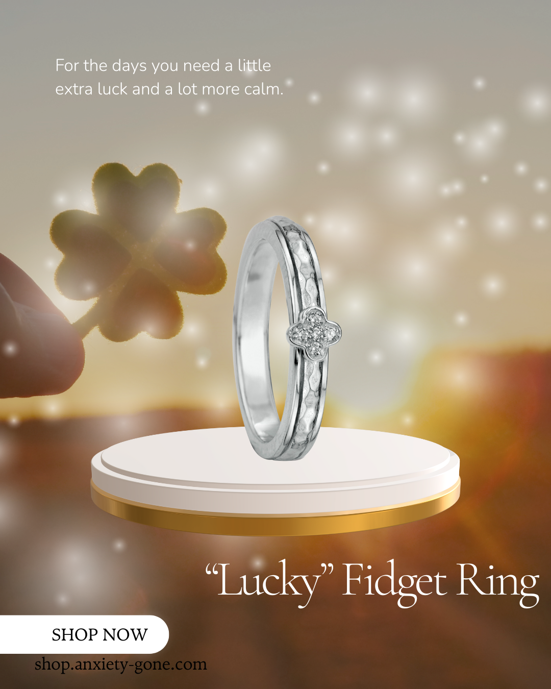 Sterling Silver Fidget Ring with lucky clover and hammered spinning band and CZ Clover element.