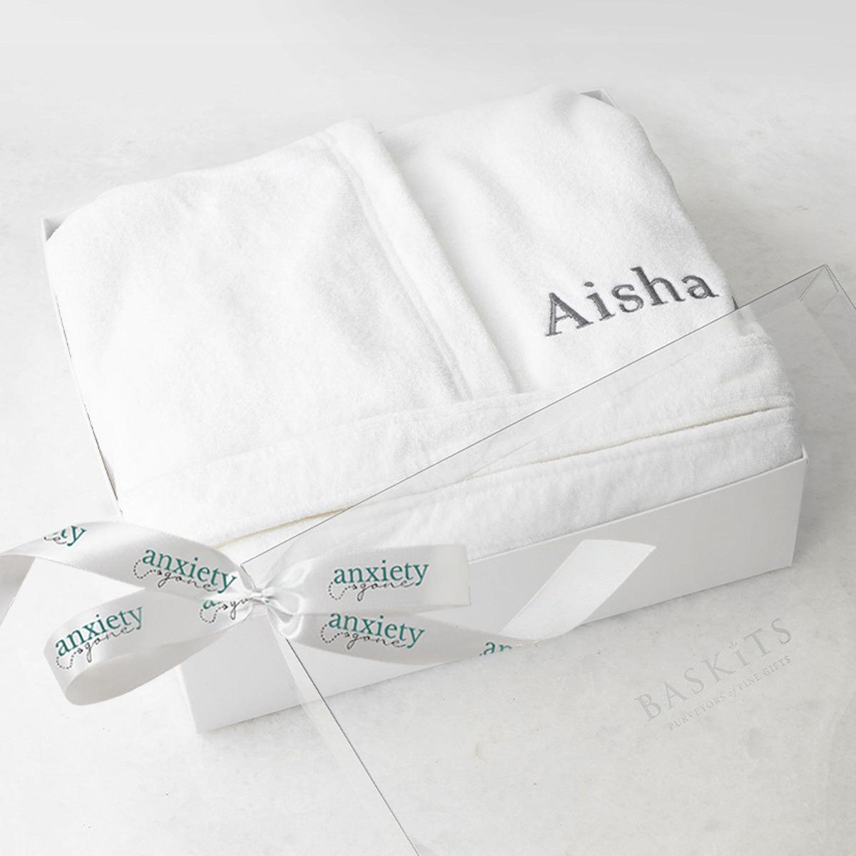 Empress & Co. Luxe Bathrobe – Personalized hooded bathrobe with a soft cotton terry lining and hydro cotton outer fabric, offering ultimate comfort and luxury. Perfect for self-care gifts, gift baskets for women, and thank i gift ideas.

