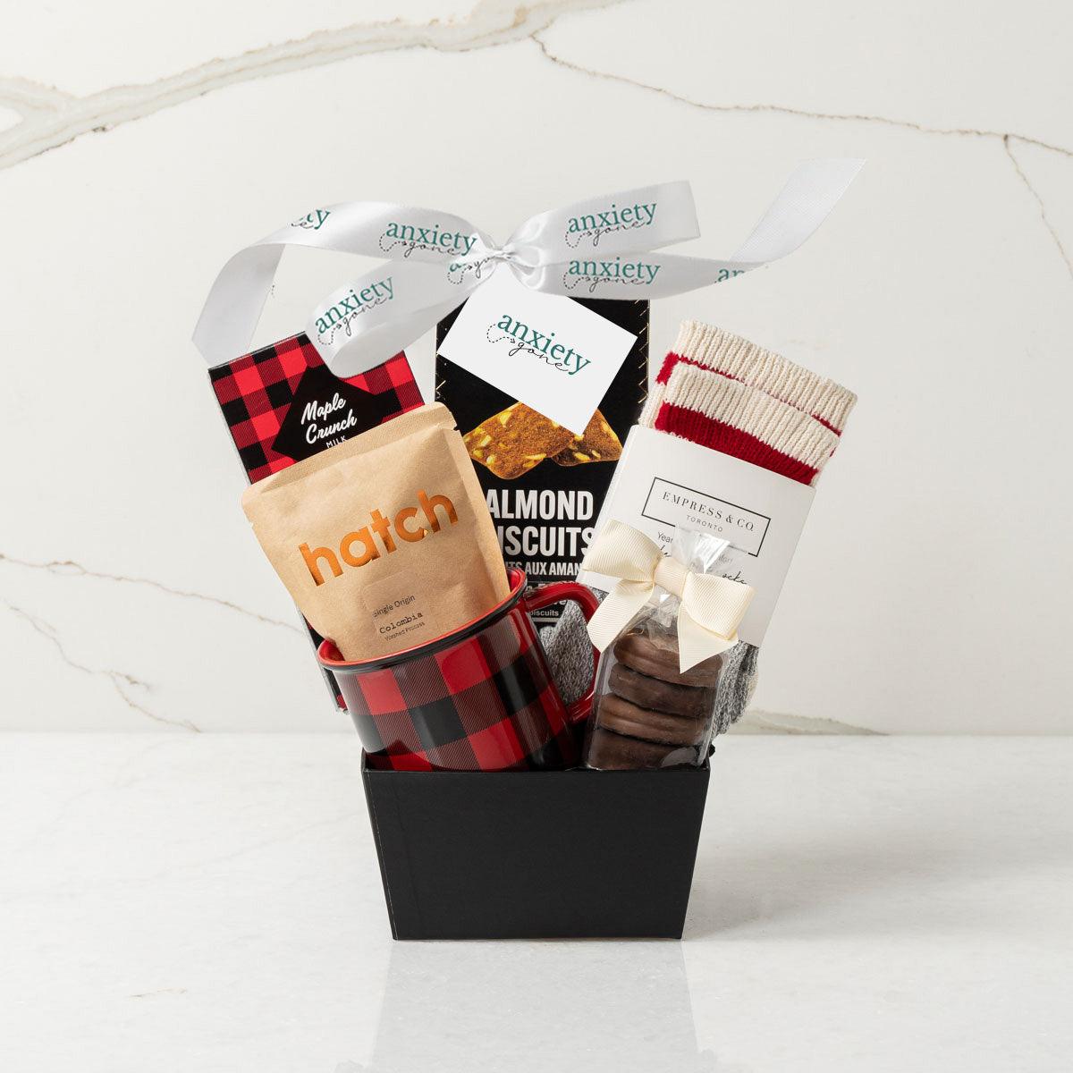 Just For You Wellness &amp; Wishes Gift Basket featuring gourmet treats, specialty coffee, a metal mug, and indulgent chocolates—perfect for thank i gifts, get well soon gifts, and self-care gift baskets.