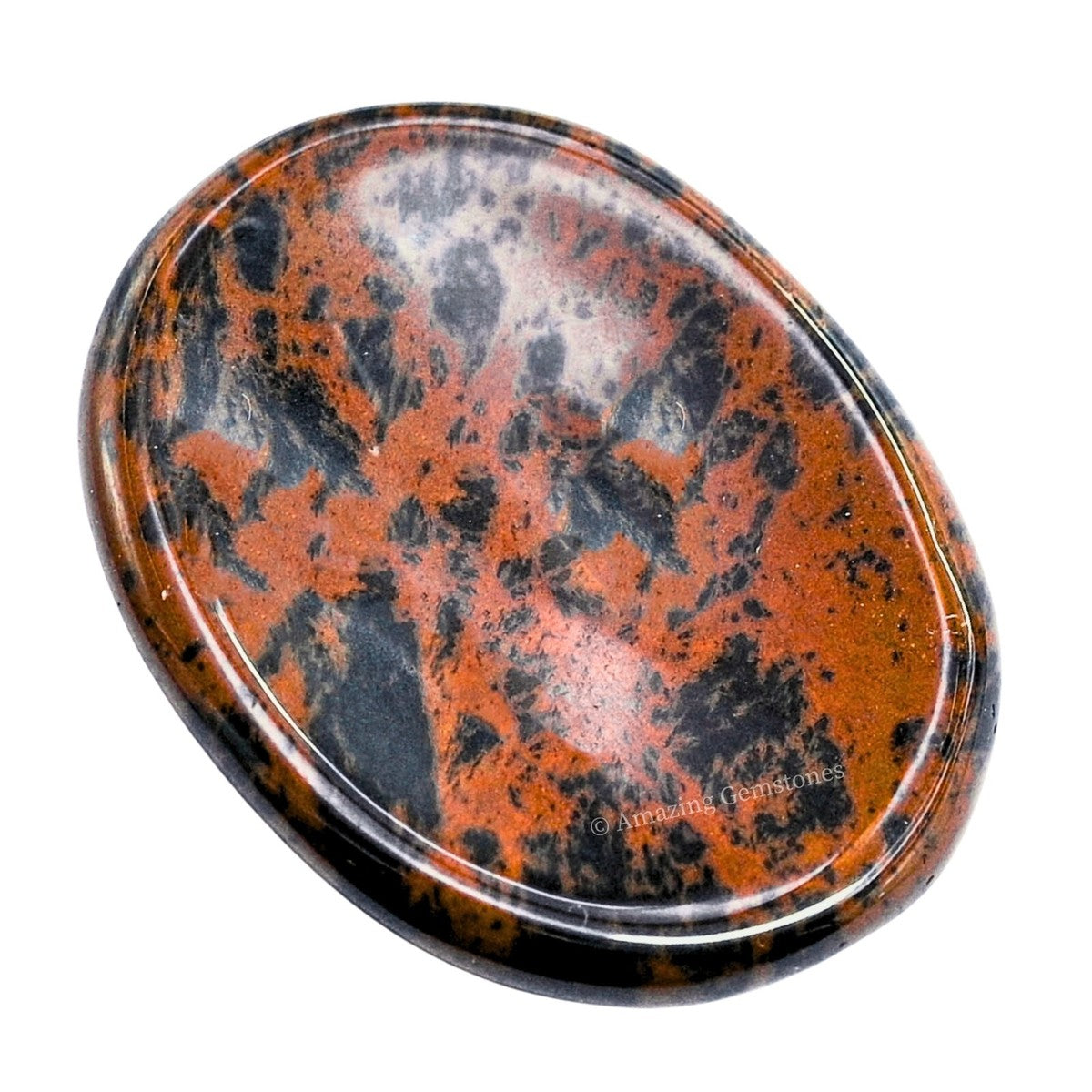 Mahogany Obsidian worry stone for anxiety, stress relief, and grounding – polished oval thumb stone with info card for emotional healing and protection