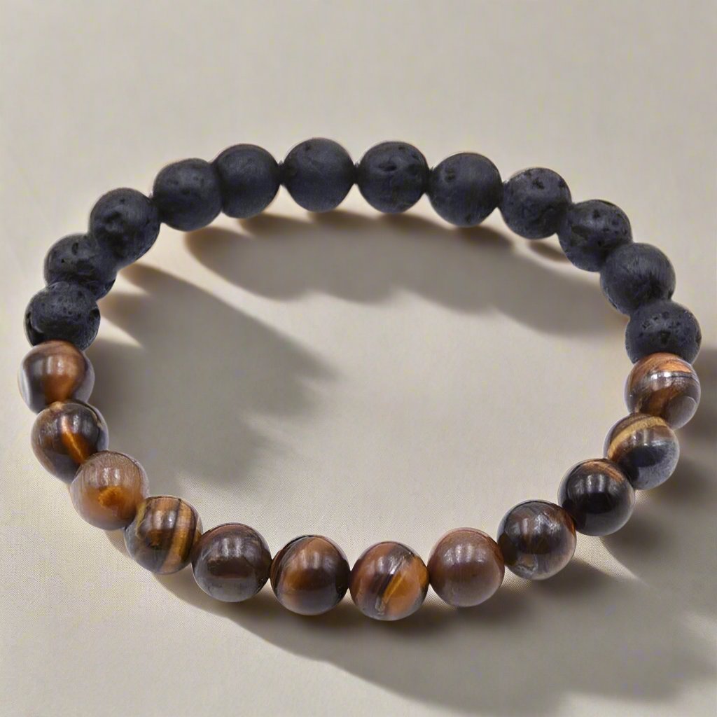Eye Of The Tiger Crystal Beaded Bracelet with Tiger's Eye and lava beads for mental health and strength.