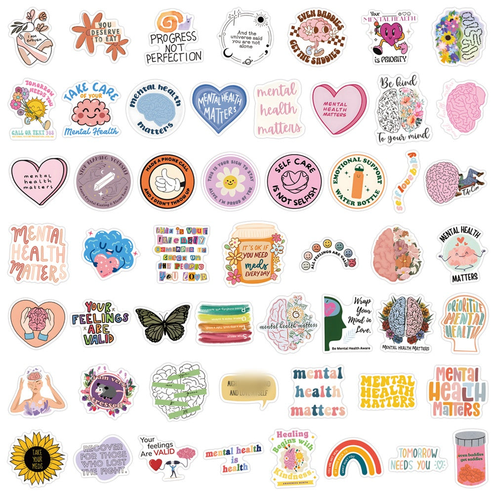 mental health stickers pack with positive affirmations and anxiety relief quotes, 55PCS vinyl anxiety stickers with self care messages and therapy support, motivational stickers for mental health journaling, laptops, and planners, uplifting waterproof mental health stickers for depression and anxiety support, cute cartoon-style mental health awareness sticker bundle for teens and adults, eco-friendly PVC mental health stickers for students and therapists, aesthetic mental health planner stickers with daily 