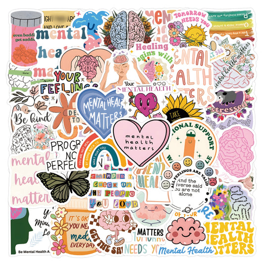 mental health stickers pack with positive affirmations and anxiety relief quotes, 55PCS vinyl anxiety stickers with self care messages and therapy support, motivational stickers for mental health journaling, laptops, and planners, uplifting waterproof mental health stickers for depression and anxiety support, cute cartoon-style mental health awareness sticker bundle for teens and adults, eco-friendly PVC mental health stickers for students and therapists, aesthetic mental health planner stickers with daily 