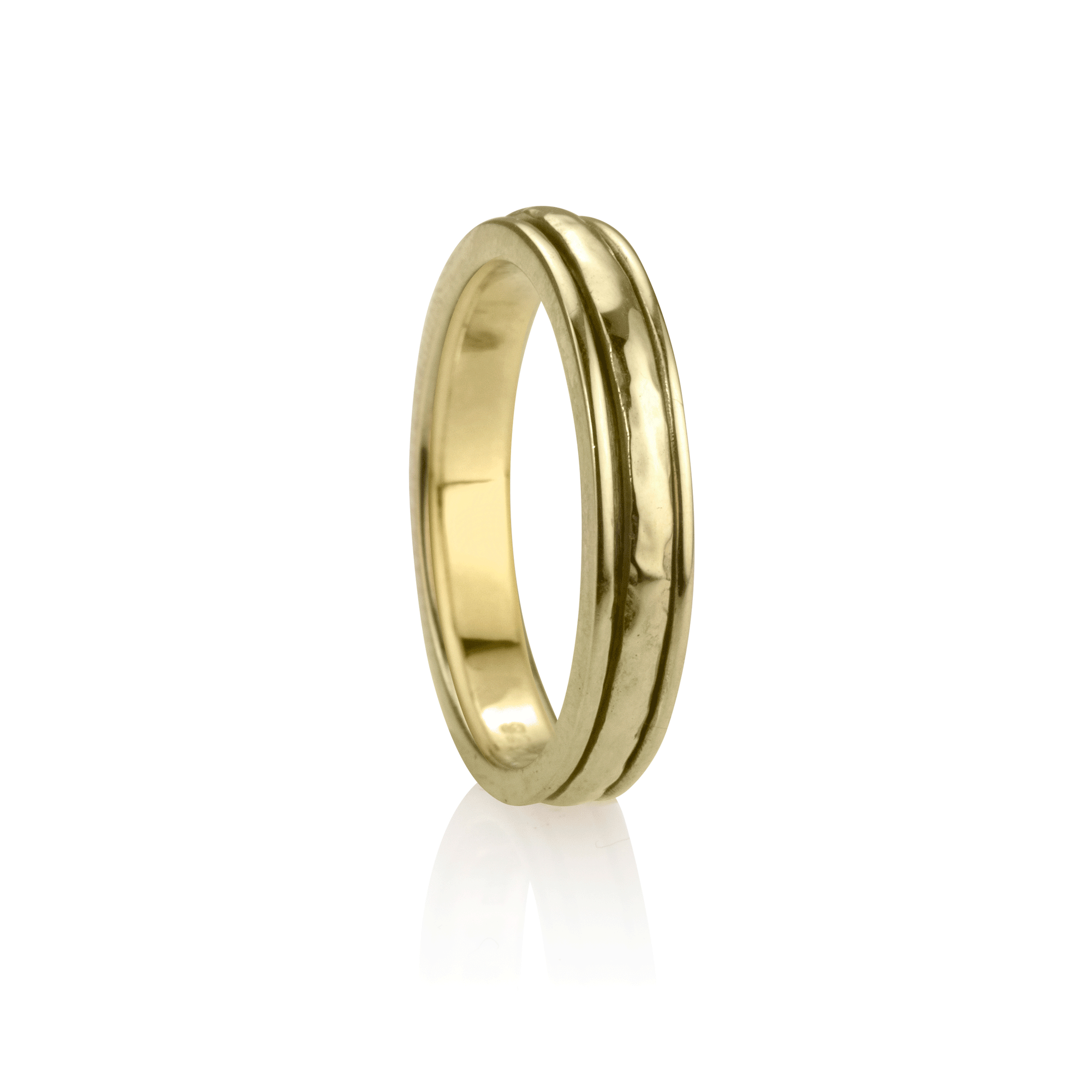 Yellow Gold Figit Ring with hammered design and spinning center band, displayed with complimentary MeditationRings Tin and Travel Pouch