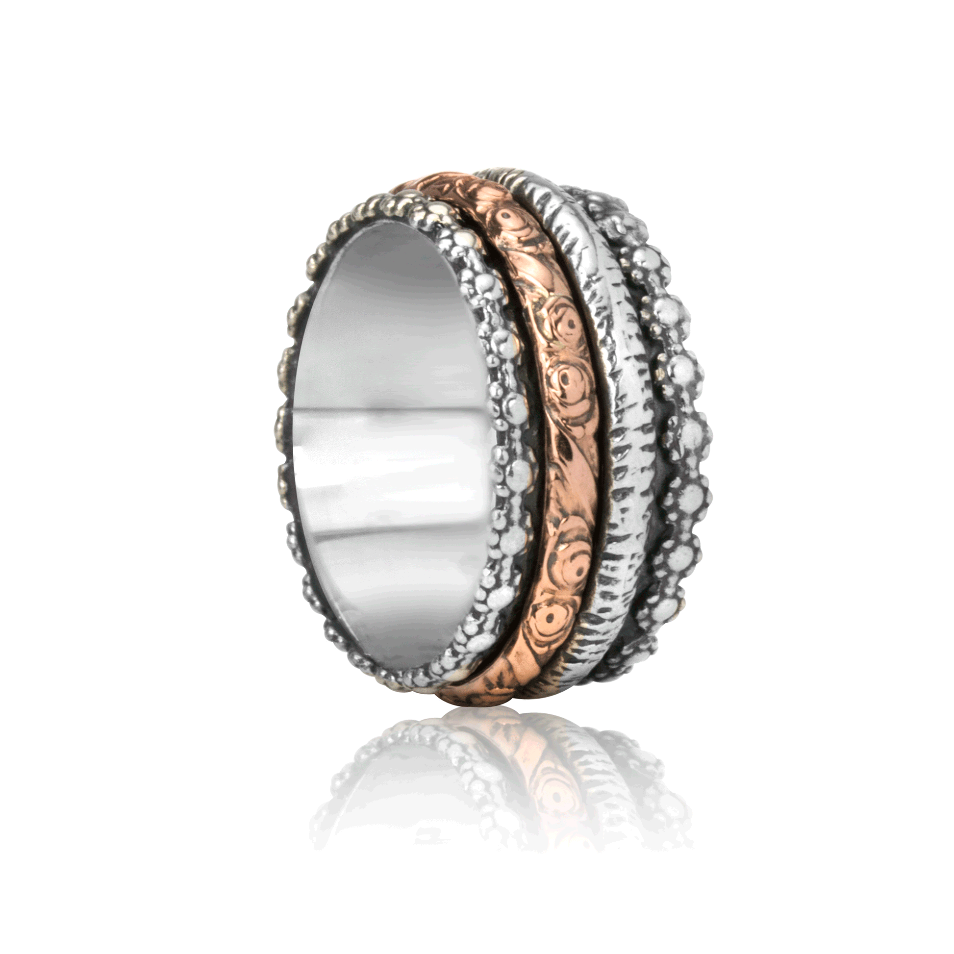 Sterling Silver Spinner Ring with flower pattern edges, Rose Gold filigree band, and Silver hand-scraped band, displayed with complimentary MeditationRings Tin and Travel Pouch