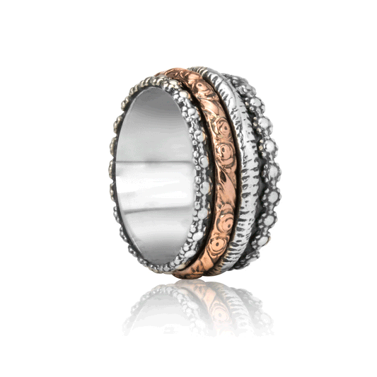 Sterling Silver Spinner Ring with flower pattern edges, Rose Gold filigree band, and Silver hand-scraped band, displayed with complimentary MeditationRings Tin and Travel Pouch