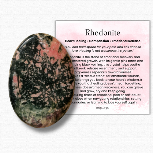 Rhodonite Worry Stone, pink and black healing crystal for emotional healing and forgiveness, polished rhodonite thumb stone for anxiety relief and stress support, rhodonite pocket stone for meditation and heart chakra balance, crystals for self-love and compassion, genuine rhodonite worry stone gift for women and men, calming gemstone fidget stone for emotional recovery, rhodonite crystal for heartbreak healing and inner strength