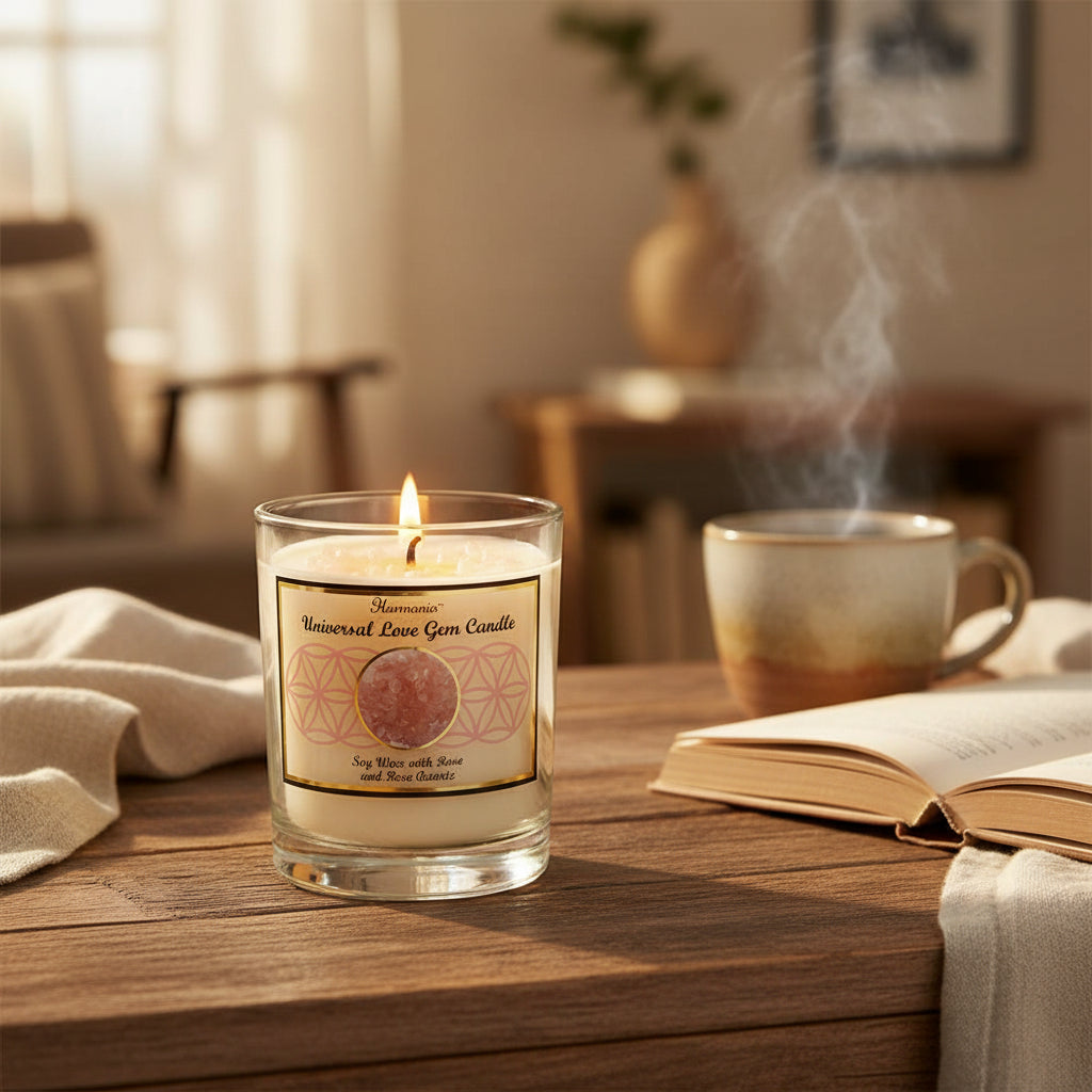 rose quartz candle, crystal candle, love crystal candle, rose scented crystal candle, soy gem candle, universal love candle, rose quartz soy candle, heart chakra candle, crystal infused candle, self-love candle, candle for love and healing, rose quartz love candle, emotional healing candle, romantic candle gift, love intention candle, crystal candle for relationships, rose quartz affirmation candle