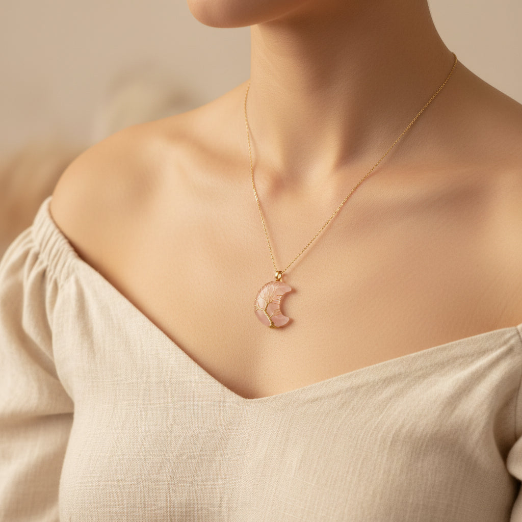 rose quartz jewelry, rose quartz necklace, moon necklace, moon crystal necklace, 
