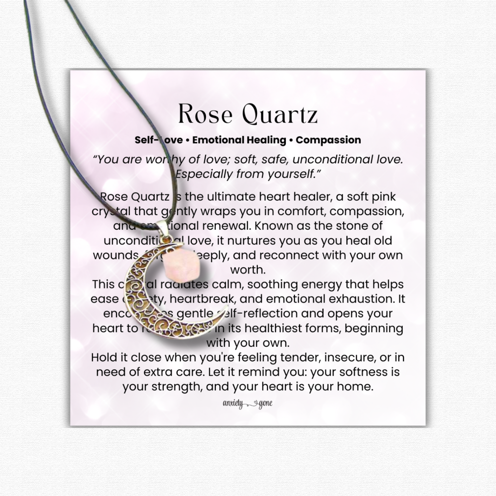 Crescent Moon Necklace in Amethyst, Rose Quartz, and Clear Quartz crystals, healing crystal moon pendant for love, clarity, and anxiety relief, gemstone crescent moon jewelry for women and men, rose quartz necklace for self-love, amethyst necklace for stress and spiritual balance, clear quartz necklace for manifestation and healing, spiritual moon jewelry gift, crystal pendant necklace for chakra healing and mindfulness
