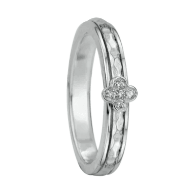 Sterling Silver Meditation Ring with hammered spinning band and CZ Clover element, displayed with complimentary MeditationRings Tin and Pouch