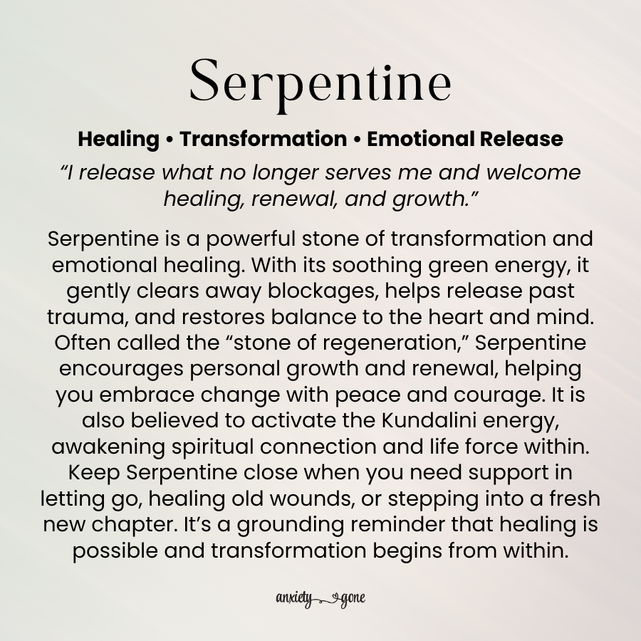 Serpentine Tumbled Stone 1–2 inches, polished green healing crystal for emotional release and renewal, serpentine gemstone for transformation and balance, natural serpentine pocket stone for meditation and mindfulness, calming crystal for stress relief and trauma healing, genuine serpentine stone for Kundalini awakening and spiritual growth, tumbled gemstone for energy healing and grounding, serpentine crystal gift for women and men