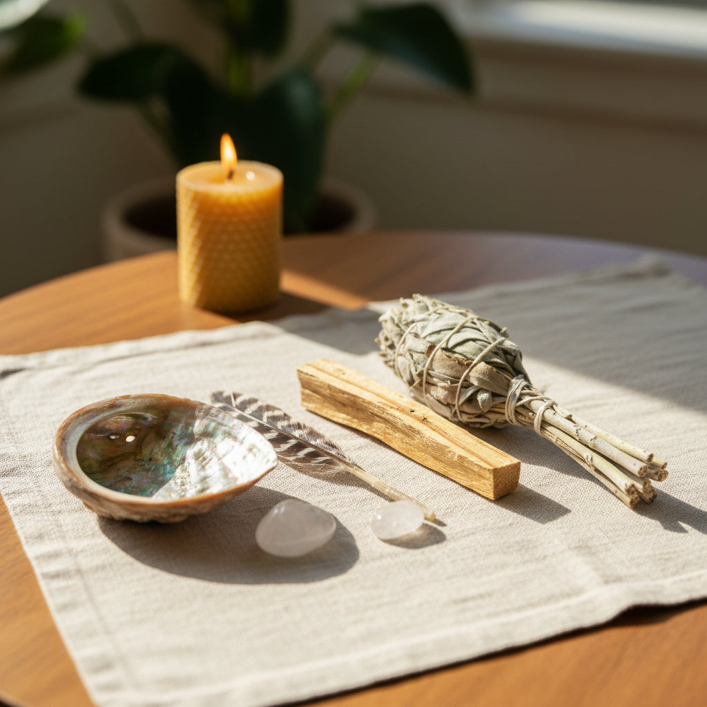 Beginner's Mini Smudging Kit with abalone shell, smudge stick, palo santo, and feather for energy cleansing, spiritual healing, and anxiety relief