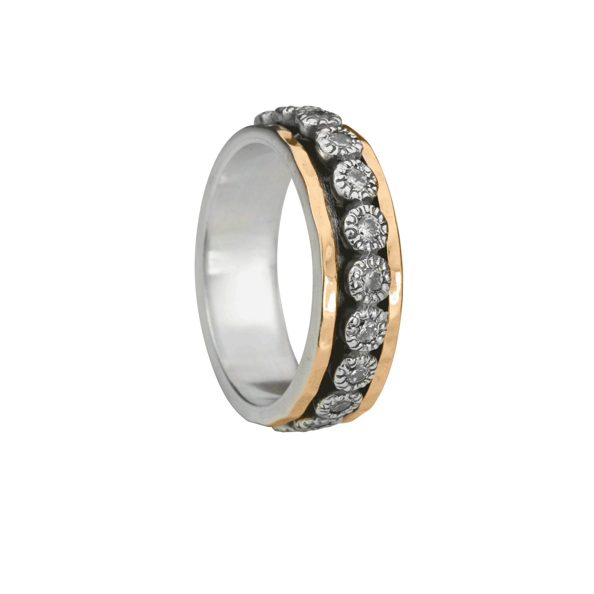 Sterling Silver and Gold Agoda Ring with Yellow Gold trim and CZ spinning band, displayed with complimentary MeditationRings Tin and Travel Pouch