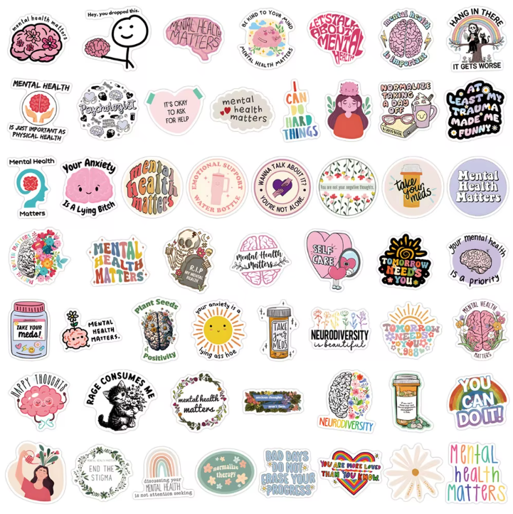 mental health stickers pack with positive affirmations and anxiety relief quotes, 55PCS vinyl anxiety stickers with self care messages and therapy support, motivational stickers for mental health journaling, laptops, and planners, uplifting waterproof mental health stickers for depression and anxiety support, cute cartoon-style mental health awareness sticker bundle for teens and adults, eco-friendly PVC mental health stickers for students and therapists, aesthetic mental health planner stickers with daily 