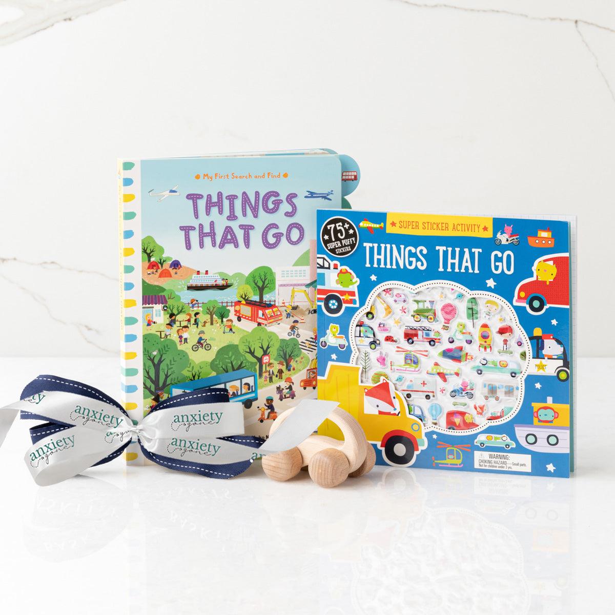 Things That Go toddler gift basket with books and wooden toy car is an Educational toy gift set for toddlers with vehicle theme
