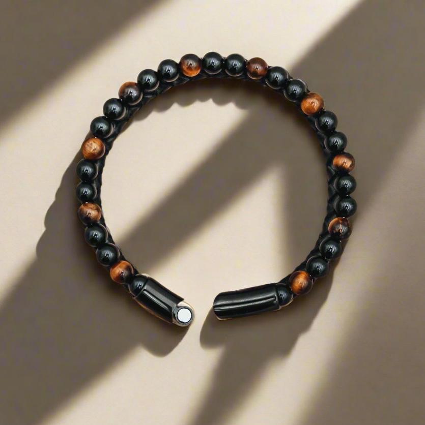 Tiger's Eye Leather Bracelet with braided black leather for mental clarity and emotional strength.