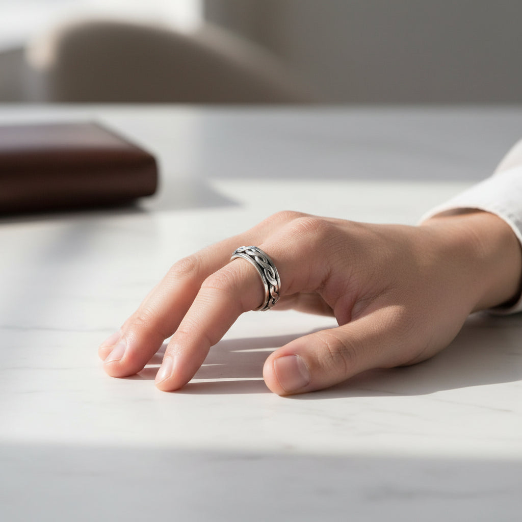 fidget ring, anxiety ring, spinner ring, worry ring, fidget jewelry, fidget ring for anxiety, spinning anxiety ring, anti-anxiety ring, stress relief ring, fidget ring for stress, fidget ring for adults, fidget ring for kids, fidget ring for women, fidget ring for men, discreet fidget ring, fidget ring for focus, fidget ring for work, calming ring for anxiety, ring to reduce stress, mental health support jewelry, stainless steel fidget ring, sterling silver fidget ring, gold spinner ring, minimalist fidget 