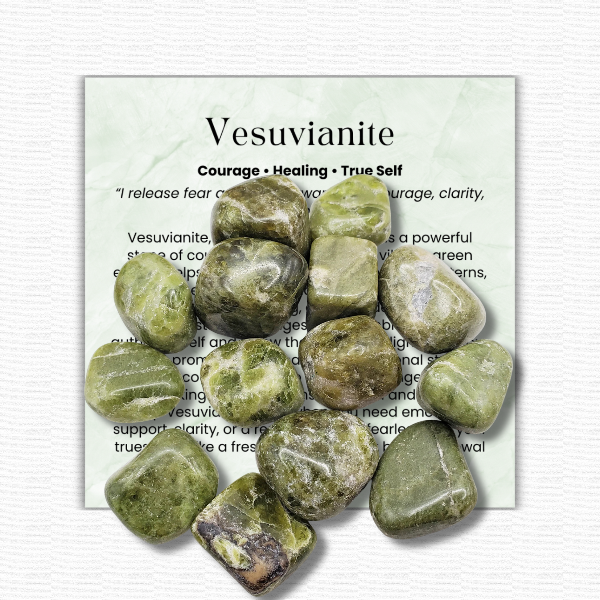 Vesuvianite Tumbled Stone 0.5–1 inch, polished green healing crystal for courage and emotional healing, idocrase gemstone for stress relief and balance, natural vesuvianite pocket stone for meditation and mindfulness, genuine green vesuvianite crystal for self-discovery and renewal, calming gemstone for releasing fear and negativity, tumbled crystal for reiki and chakra healing, vesuvianite crystal gift for women and men