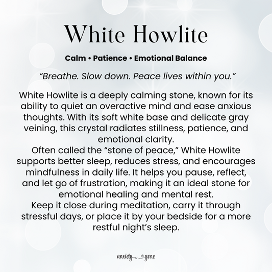 White Howlite Worry Stone, calming crystal for anxiety and stress relief, white howlite pocket stone for meditation and mindfulness, healing crystal for sleep support and relaxation, white gemstone worry stone with thumb indentation, stress relief crystal gift for women and men, white howlite chakra stone for emotional healing and balance, polished howlite worry stone for grounding and self-care