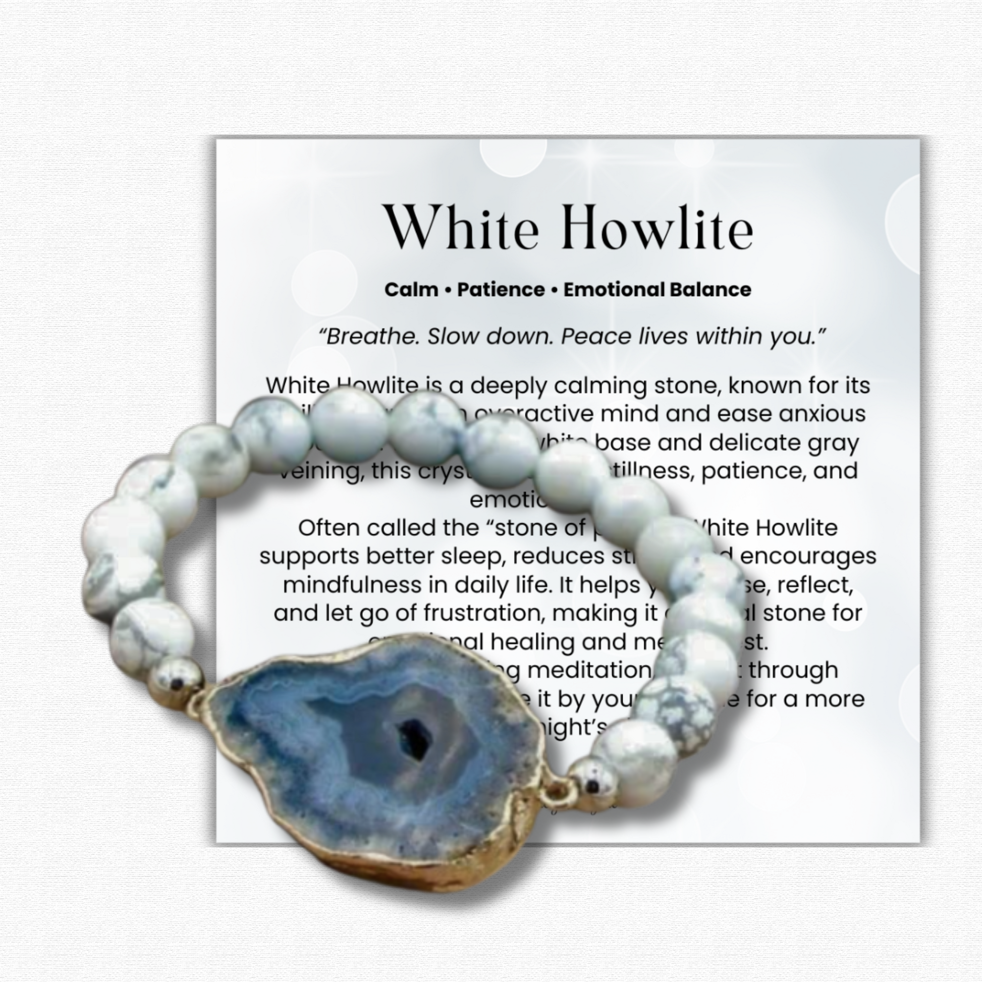 White Howlite & Blue Agate Geode Bracelet – healing crystal jewelry for anxiety relief, stress support, clarity, communication, grounding & balance.