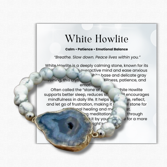 White Howlite & Blue Agate Geode Bracelet – healing crystal jewelry for anxiety relief, stress support, clarity, communication, grounding & balance.