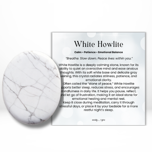 White Howlite Worry Stone, calming crystal for anxiety and stress relief, white howlite pocket stone for meditation and mindfulness, healing crystal for sleep support and relaxation, white gemstone worry stone with thumb indentation, stress relief crystal gift for women and men, white howlite chakra stone for emotional healing and balance, polished howlite worry stone for grounding and self-care