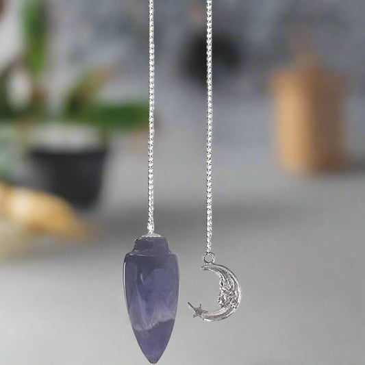 amethyst pendulum, amethyst crystal pendulum, pendulum with moon charm, moon chain crystal pendulum, amethyst dowsing pendulum, purple crystal pendulum, amethyst pendulum for divination, moon pendulum with amethyst, amethyst pendulum necklace