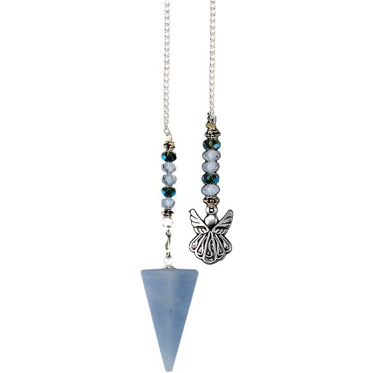 Angelite Pendulum with angel pendant and blue crystal, a self care gift for mental health and anxiety relief.

