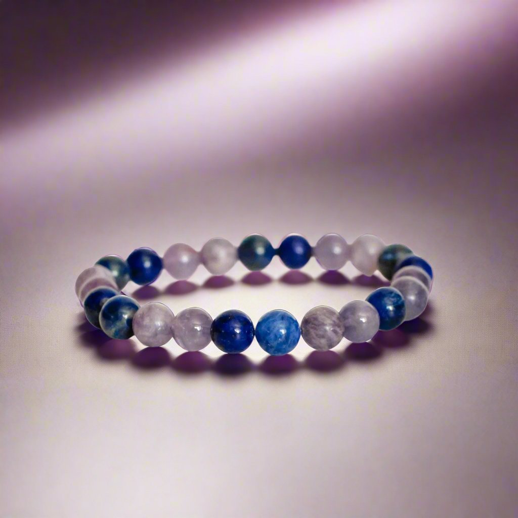 Anti-Agoda Healing Bracelet with the best healing crystals for anxiety, sodalite, amethyst, lapis lazuli, and lepidolite stones for anxiety relief and emotional balance, making it perfect for spiritual gifts. 
