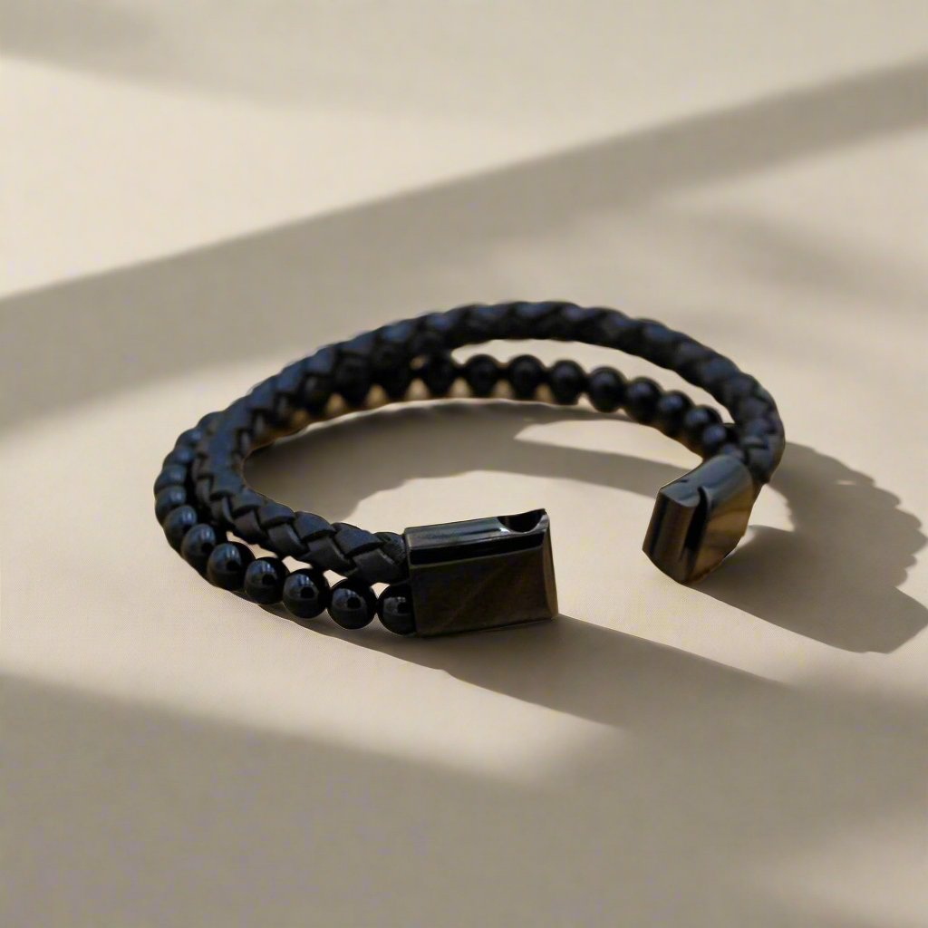 Grounding Black Agate Leather Bracelet for emotional healing, mental balance, and protection.