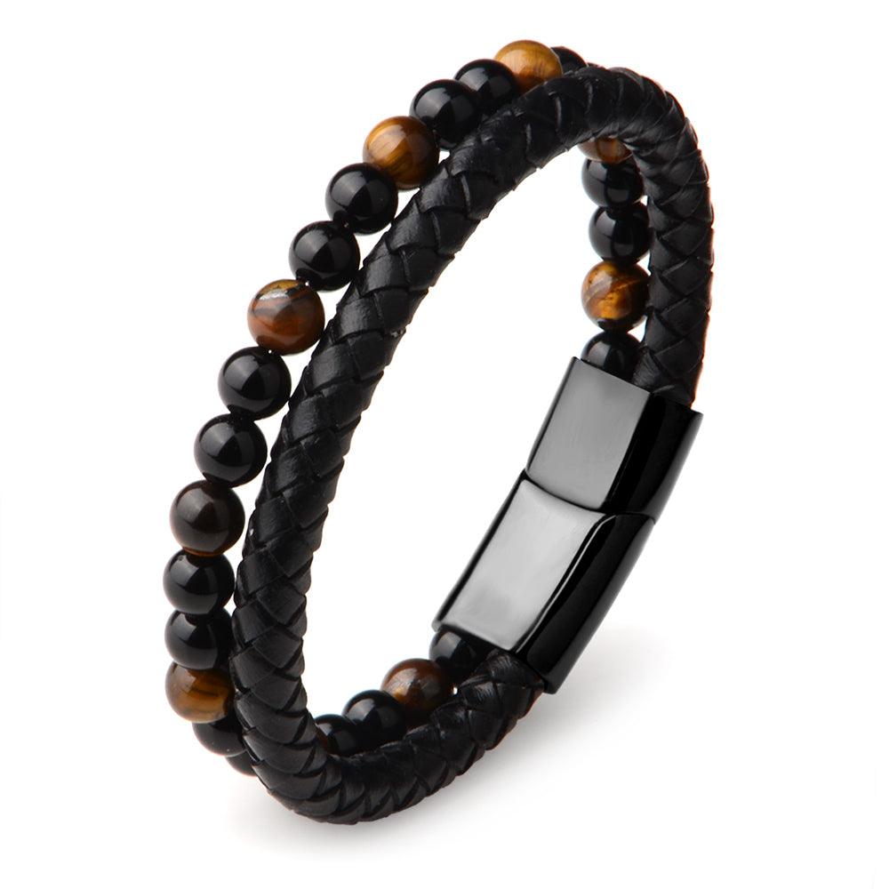 Tiger's Eye Leather Bracelet with braided black leather for mental clarity and emotional strength.