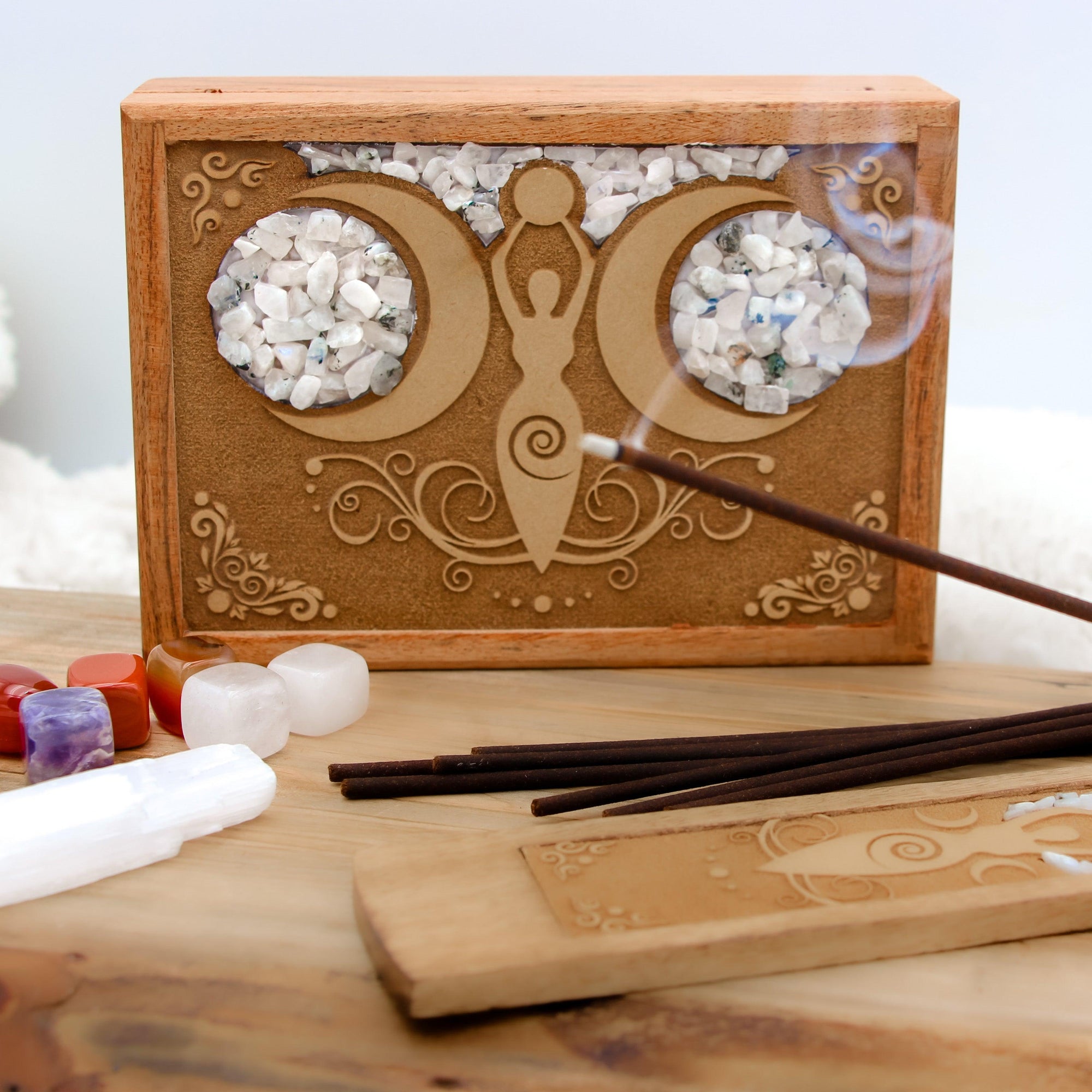 wood lined boxes, moonstone box, moon goddess, moon decor, moon box, spiritual box, storage box, mini storage box, gemstone box, gemstone kit