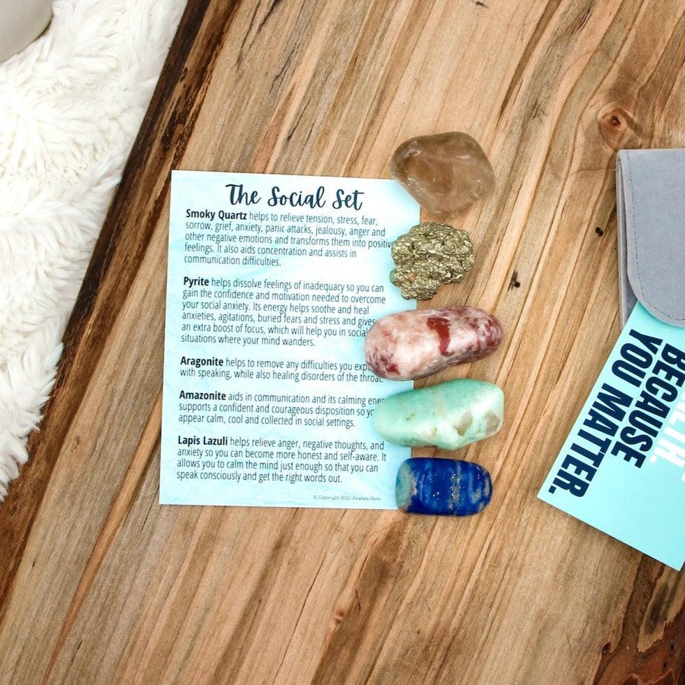 gemstones for social anxiety, stones for social anxiety, crystals for social anxiety, social anxiety gemstones, social anxiety relief, social anxiety kit, pyrite, aragonite, lapis lazuli, smoky quartz, amazonite, stones for communication