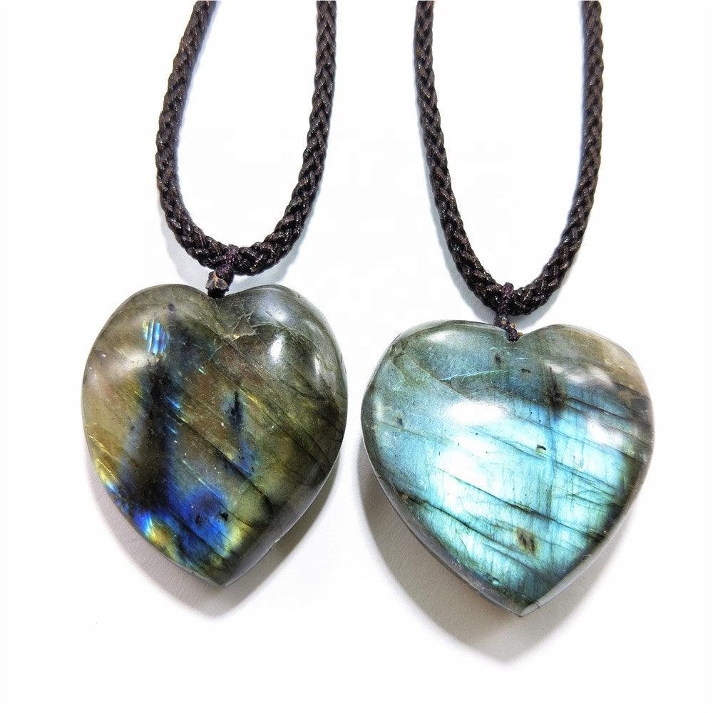 Labradorite Dragon's Heart Necklace with black adjustable cord for mental clarity and anxiety relief.