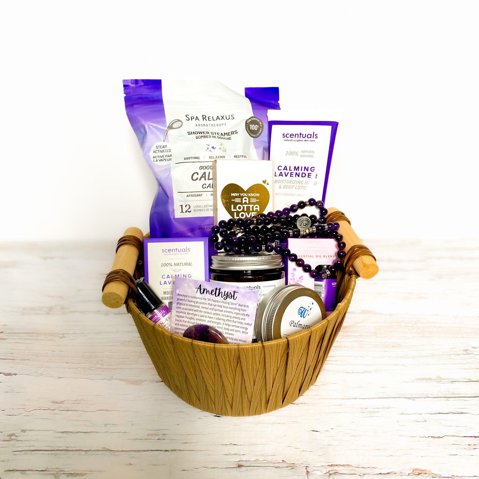 Lavender Lullaby Wellness Basket for relaxation, self-care, and mental health.