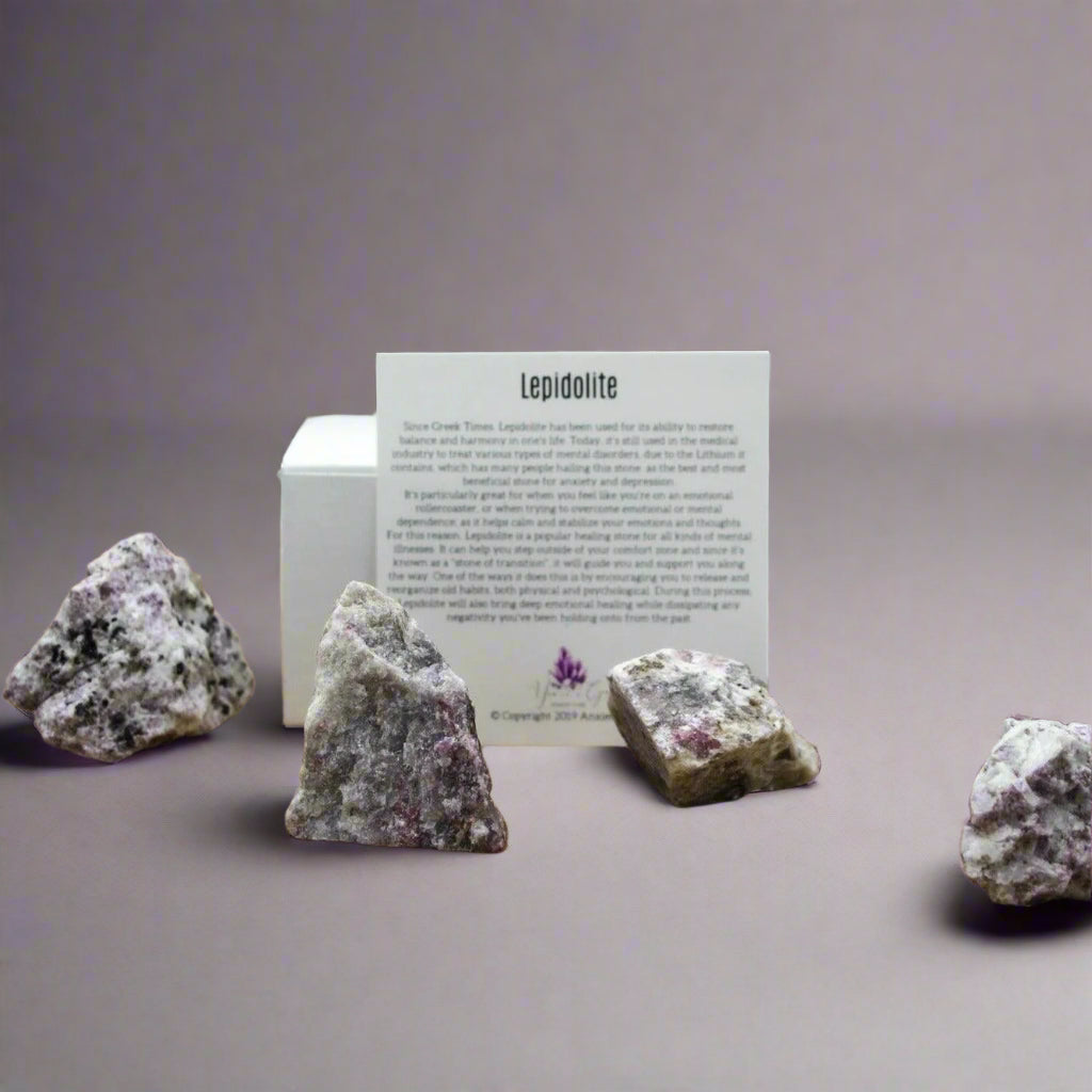 Raw lepidolite crystal for anxiety, depression, sleep support, and emotional healing – natural mica stone with affirmation card and gift bag