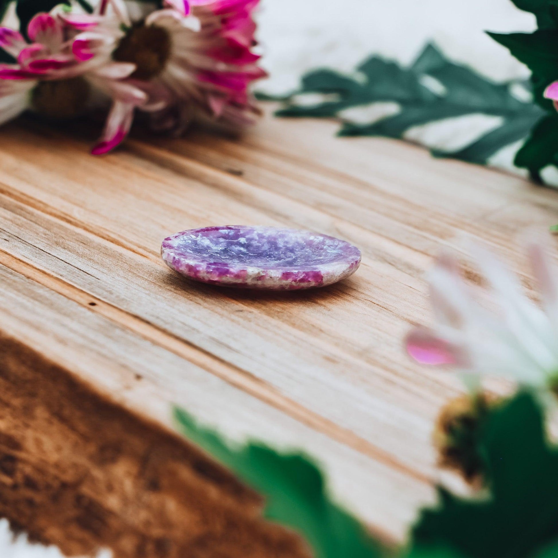 Polished lepidolite worry stone for anxiety, stress relief, and emotional healing – natural thumb stone with info card for calming support