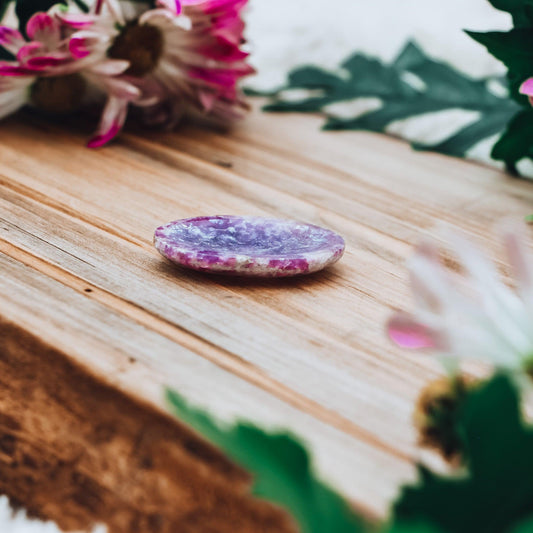 Polished lepidolite worry stone for anxiety, stress relief, and emotional healing – natural thumb stone with info card for calming support