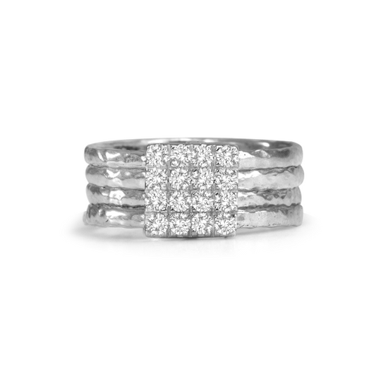 Sterling Silver Meditation Ring with four spinning bands and square center adorned with 16 CZ stones, displayed with complimentary MeditationRings Tin and Travel Pouch