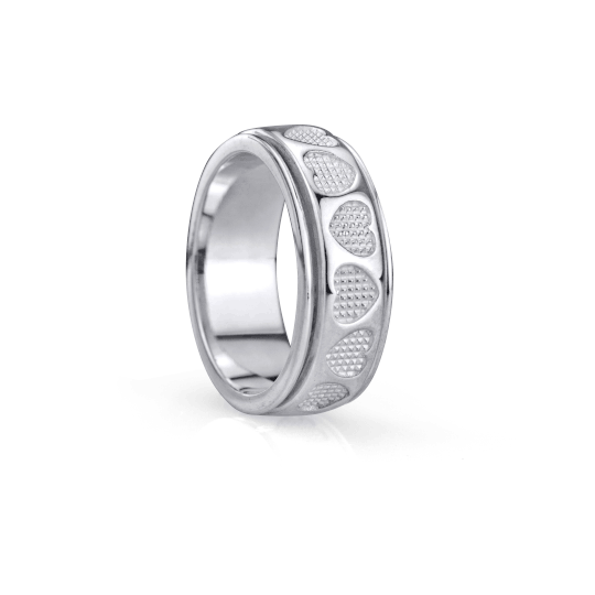 Maya Sterling Silver Meditation Ring with heart design and spinning band, displayed with complimentary tin and travel pouch