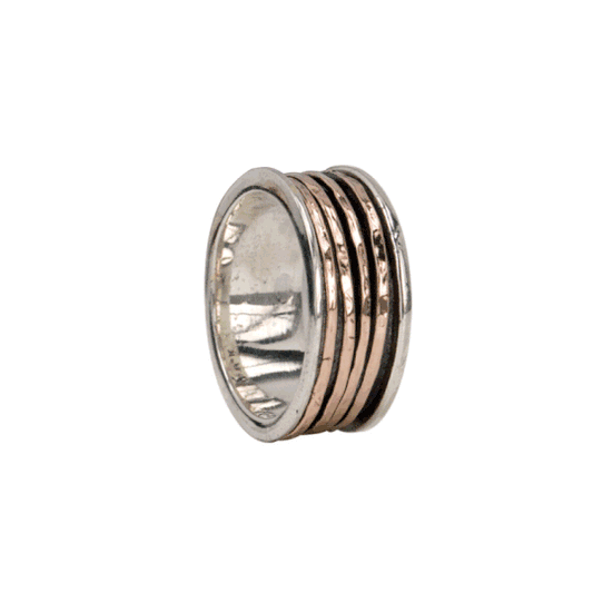 Simple & Elegant Sterling Silver and Gold Fidget Ring with four Rose Gold spinning bands, displayed with complimentary MeditationRings Tin and Travel Pouch