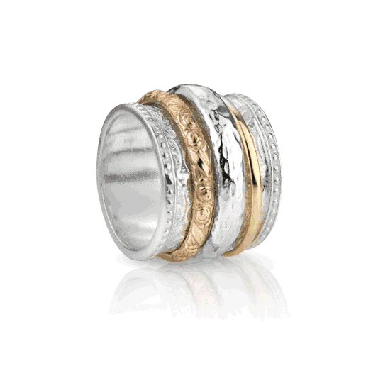 Sterling Silver Gold Fidget Ring with hammered spinning band, Rose Gold flower pattern, and Yellow Gold spinning band, displayed with complimentary MeditationRings Tin and Travel Pouch