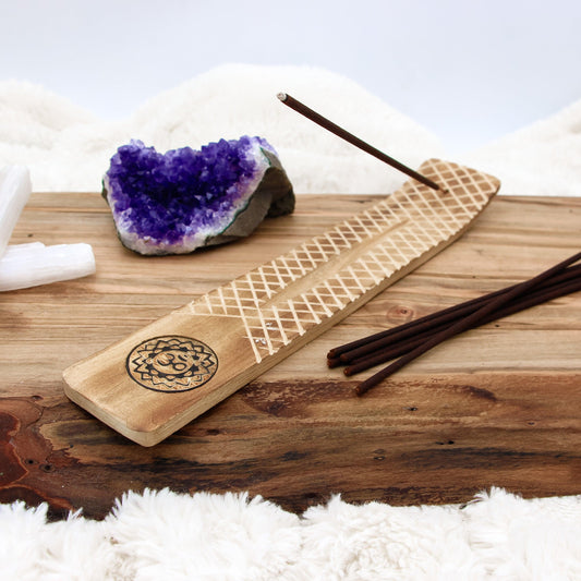 Laser-Etched Om Lotus Flower Wood Incense Holder for incense sticks, symbolizing purity and spiritual oneness.