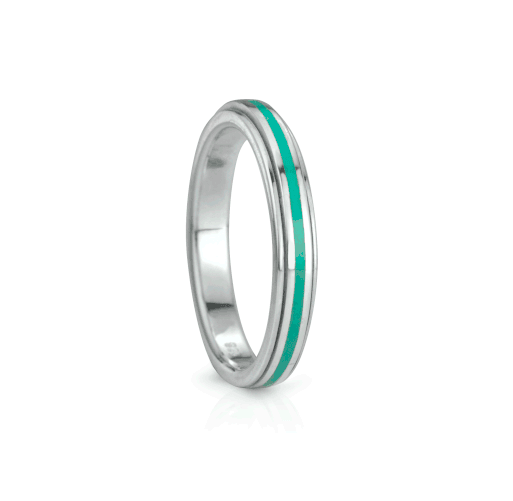 Ocean Spiritual Sterling Silver Fidget Ring for kids with turquoise enamel spinning band, displayed with complimentary MeditationRings Tin and Travel Pouch