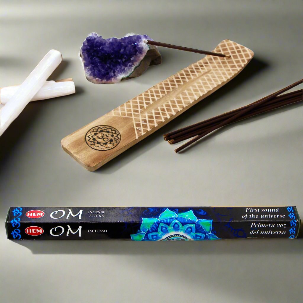 Laser-Etched Om Lotus Flower Wood Incense Holder for incense sticks, symbolizing purity and spiritual oneness.