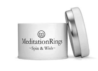 Simple & Elegant Sterling Silver and Gold Fidget Ring with four Rose Gold spinning bands, displayed with complimentary MeditationRings Tin and Travel Pouch