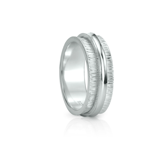 Sterling Silver Brushed & Shiny Textured Agoda Ring with spinning band, displayed with complimentary MeditationRings Tin and Travel Pouch