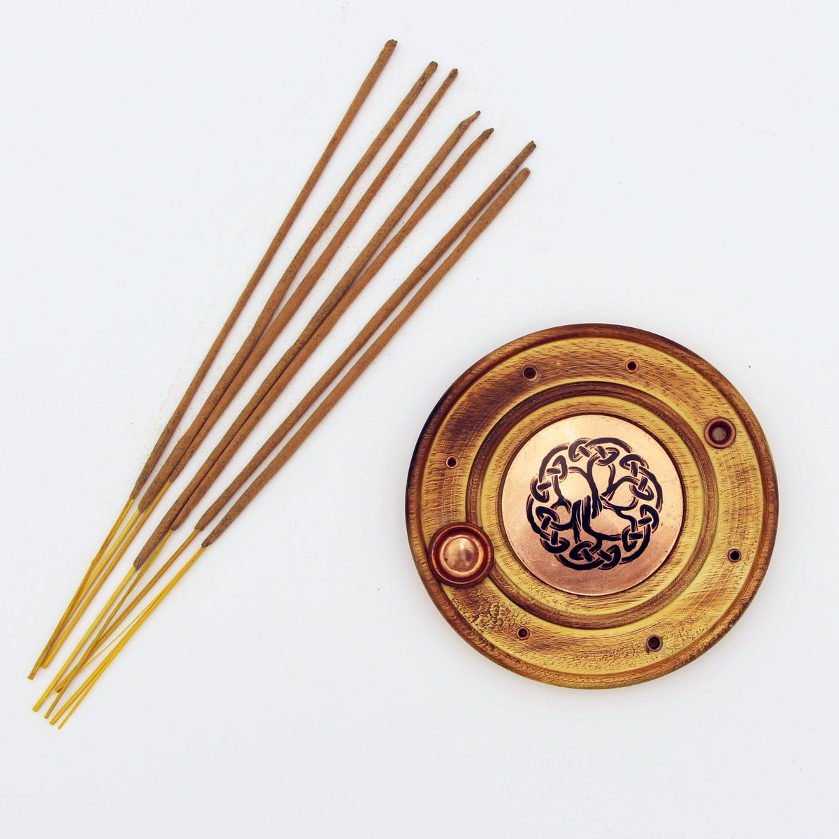 Tree of Life Wood Incense Holder for 6 incense sticks and cones with brass and copper accents.