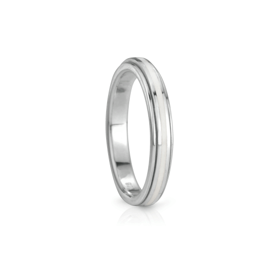 Virtue Spiritual Sterling Silver fidget ring for children with white enamel spinning band, displayed with complimentary MeditationRings Tin and Travel Pouch